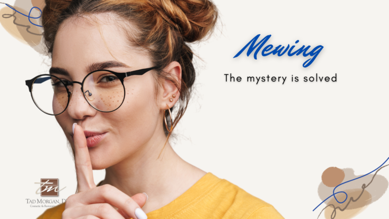 A woman with glasses making a 'shush' gesture with the text "Mewing Movement – the mystery is solved.